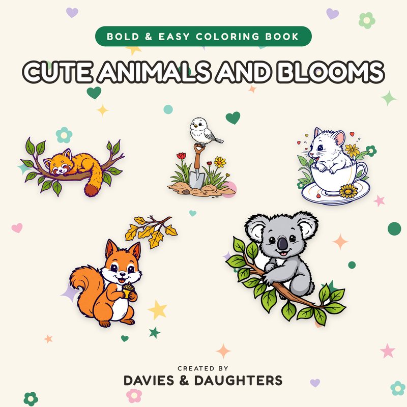 Cute Animals and Blooms coloring book cover